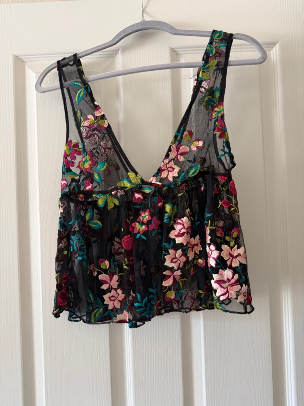 Floral Embroidered Black Mesh Crop Tank Junior size